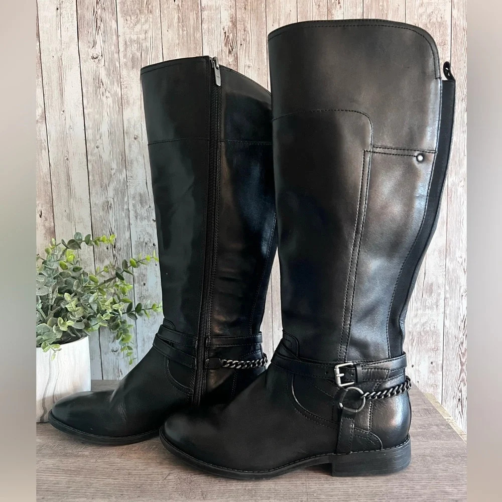 Marc Fisher Tall Leather Boots Buckle Chain Moto Detail Size 7.5